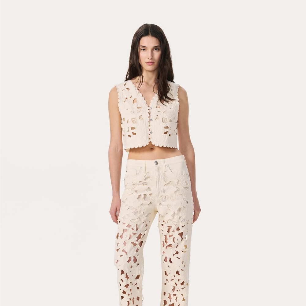 NWT rag & bone Coralie Cutout Denim Vest in Ecru Floral Cutout, Size XS